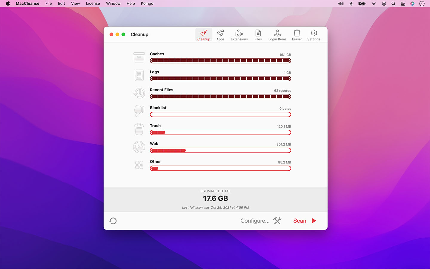 Главное окно MacCleanse с разделом Cleanup