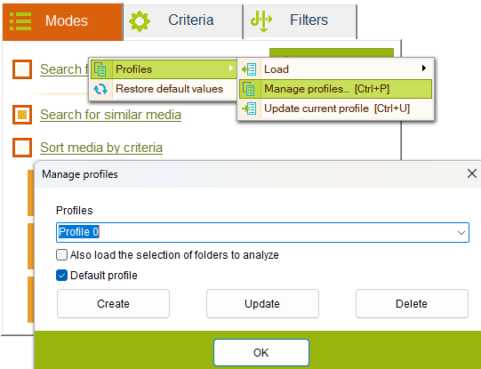 Управление профилями в Duplicate Media Finder