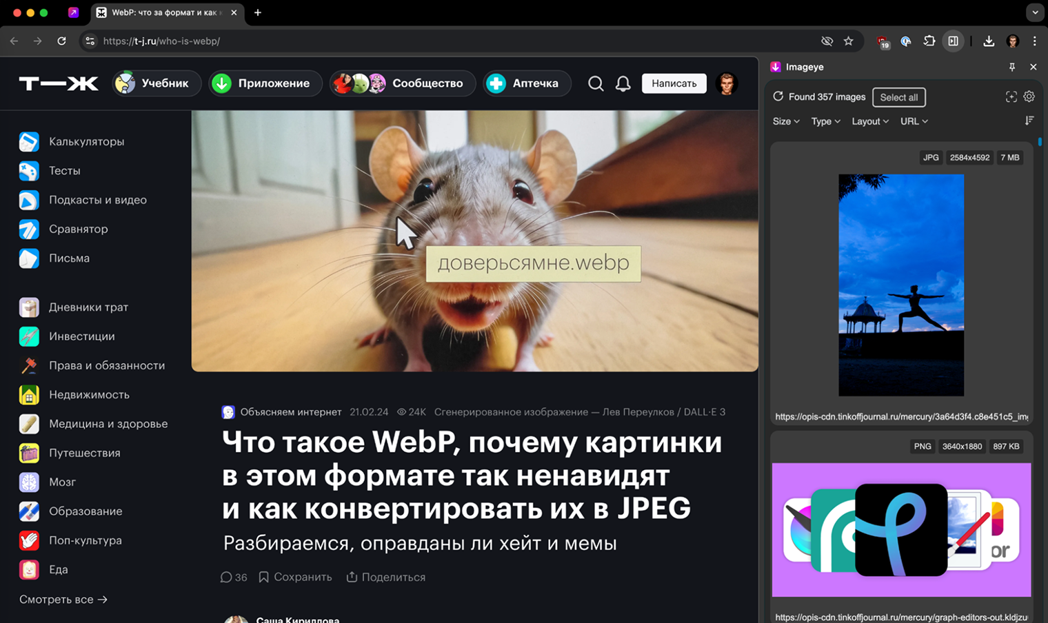 Поиск картинок расширением на странице