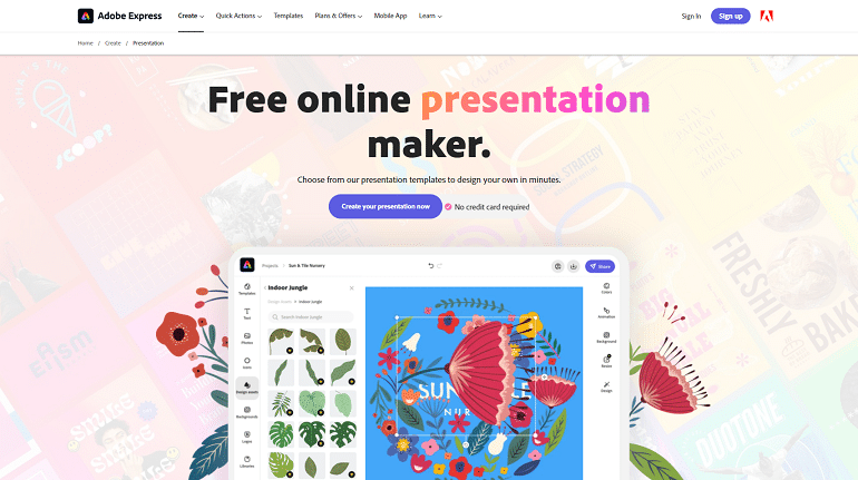 Интерфейс Adobe Express с редактором презентаций