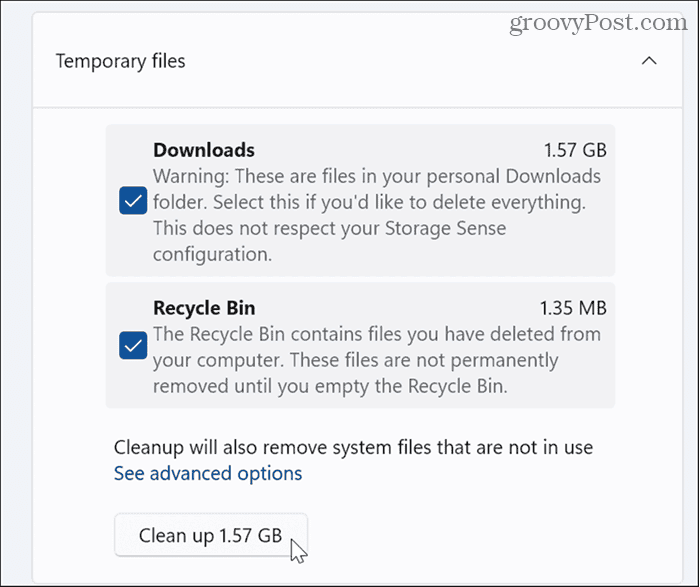 Категории временных файлов в Windows 11