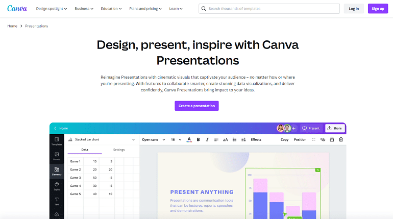 Интерфейс Canva Presentations с шаблоном презентации