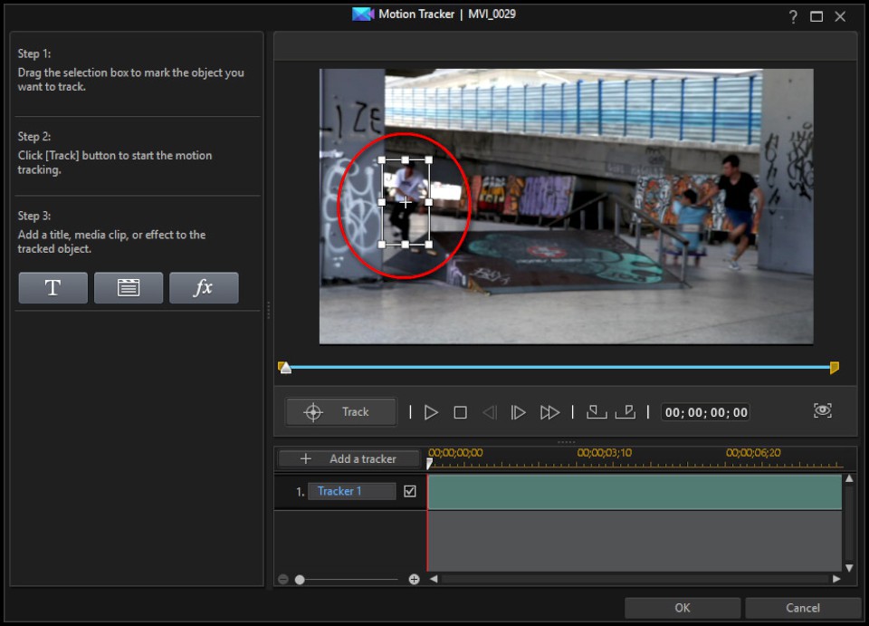 Окно Motion Tracker: рамка выделения, кнопка Track и дорожка Tracker на таймлайне инструмента