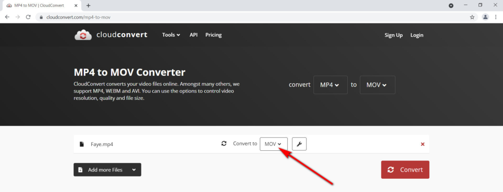 Конвертация MP4 в MOV через CloudConvert