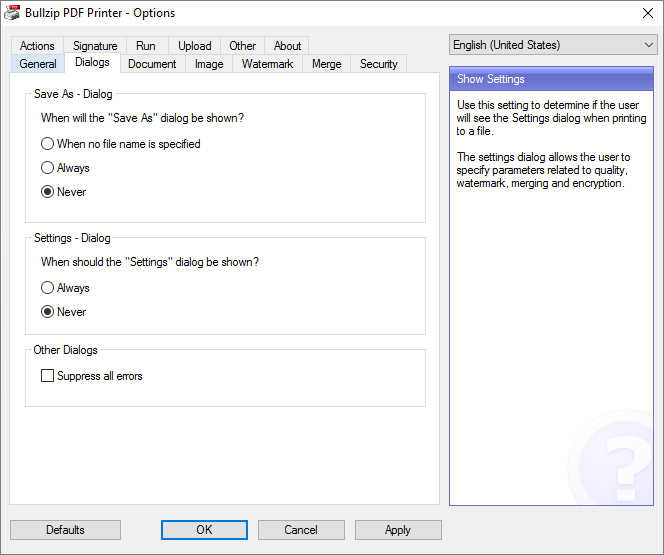 Вкладка Dialogs в Bullzip PDF Printer
