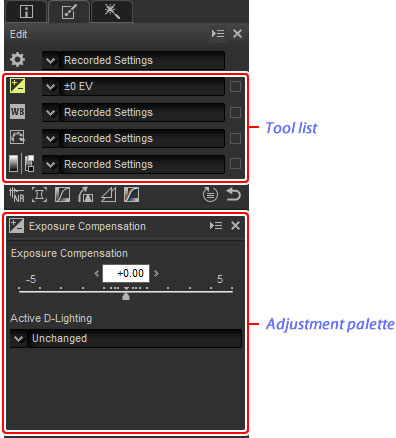 Edit Palette в Nikon Capture NX-D: Tool List, Adjustment Palette и основные элементы обработки