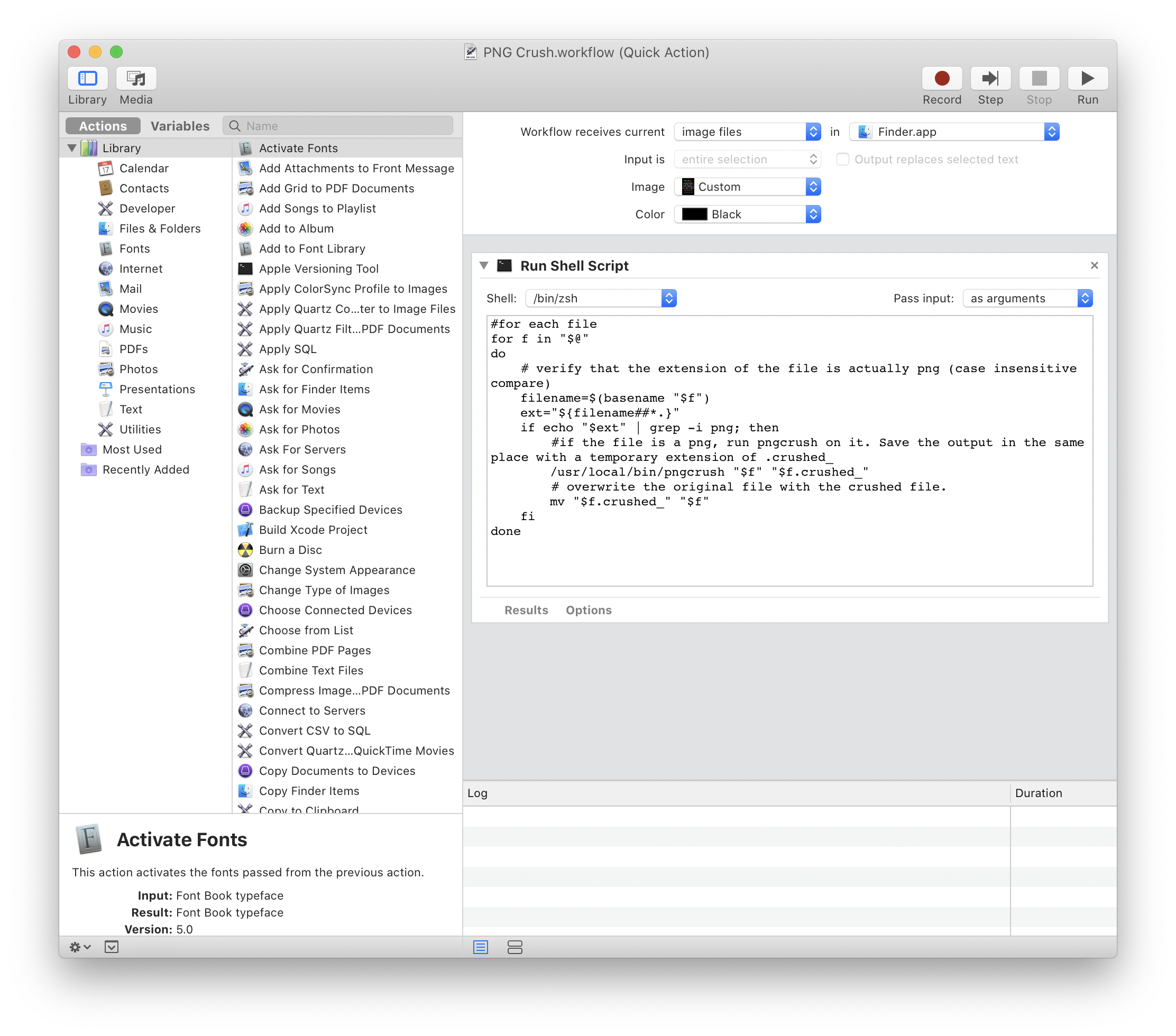 Настройка Run Shell Script в Automator для workflow PNG Crush
