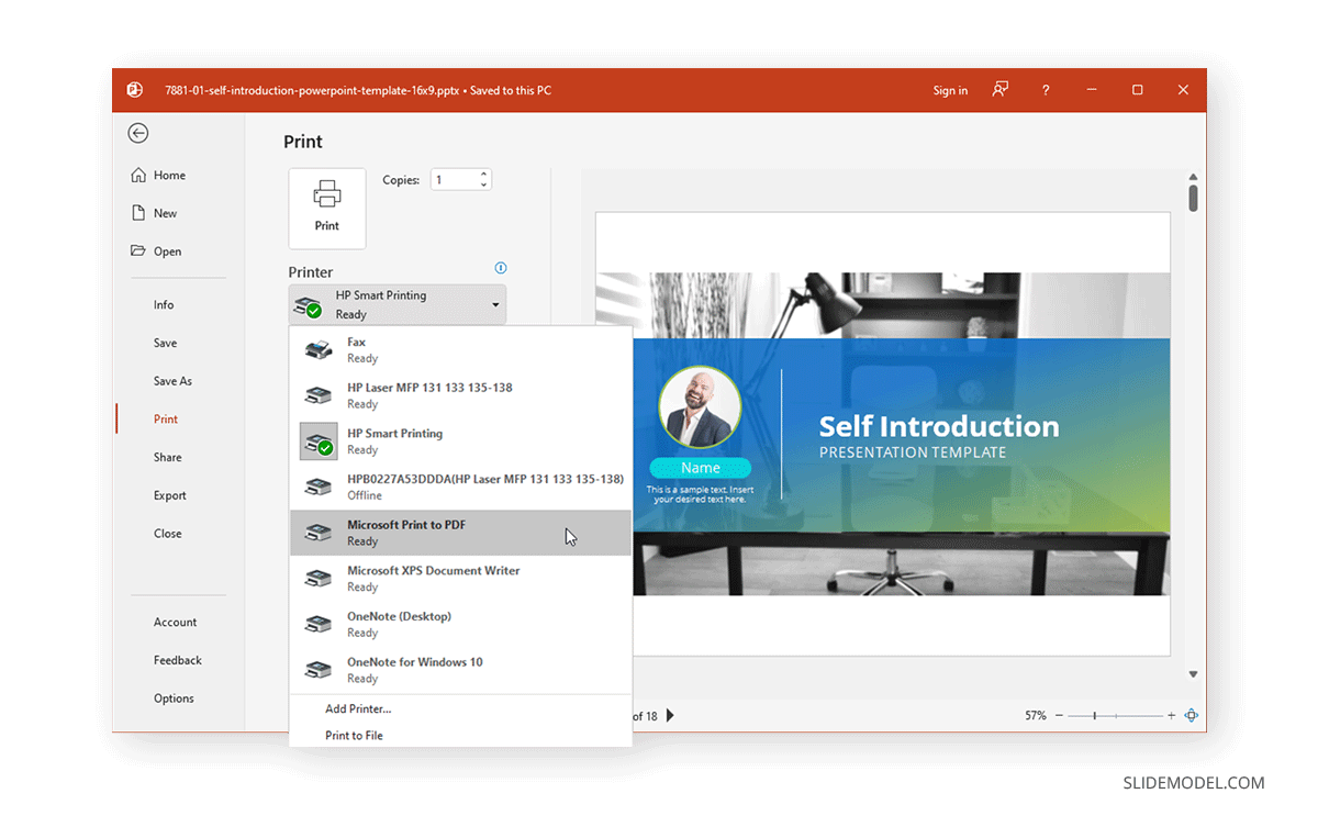 Скриншот выбора Microsoft Print to PDF в PowerPoint