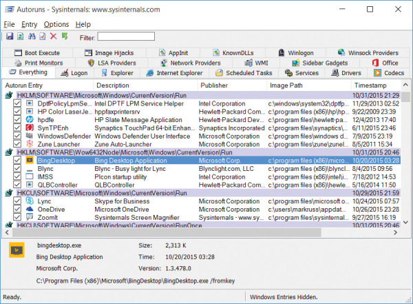Главное окно Microsoft Sysinternals Autoruns с вкладкой Everything и таблицей автозапуска