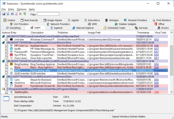 Autoruns с колонкой VirusTotal и результатами проверки автозапуска