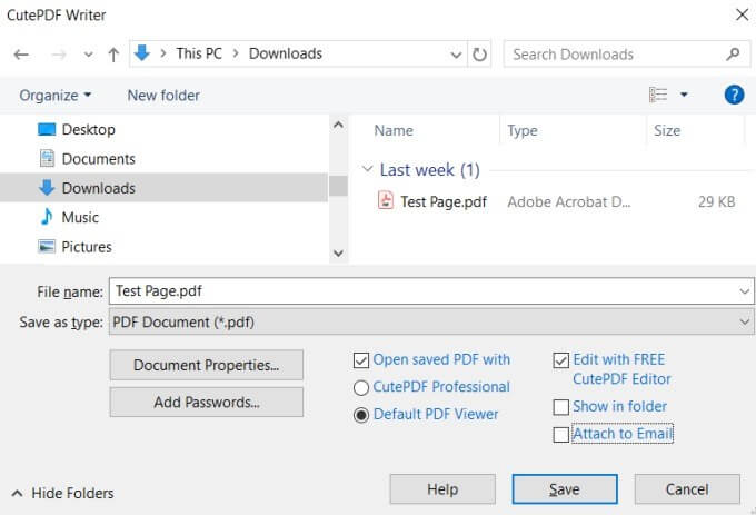 Интерфейс CutePDF Writer