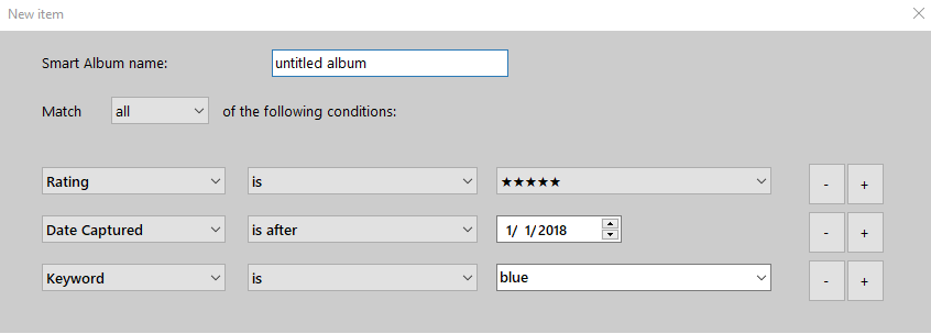 Phototheca: окно создания Smart Album с условиями Rating, Date Captured и Keyword