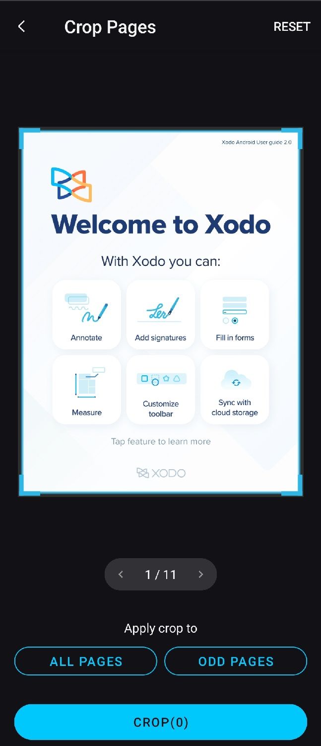 Обрезка страниц в Xodo на телефоне