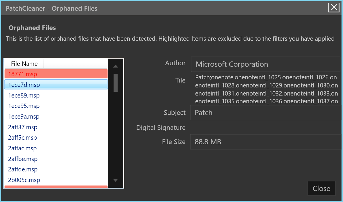 Окно PatchCleaner - Orphaned Files со списком найденных файлов