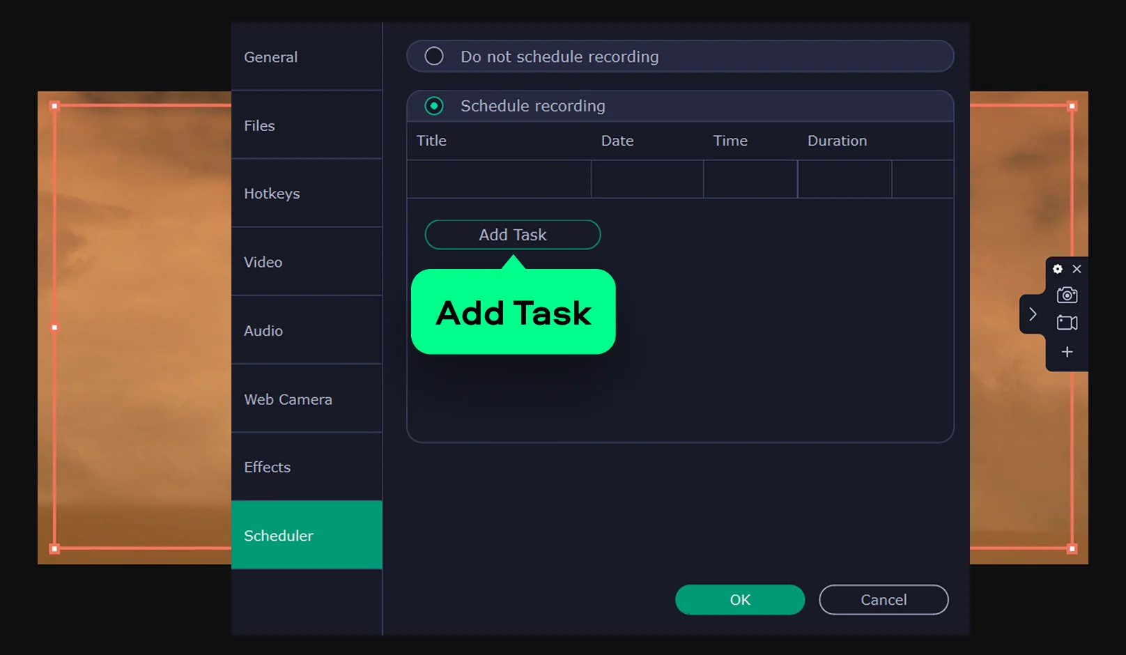 Вкладка Scheduler и кнопка Add Task в Movavi Screen Recorder