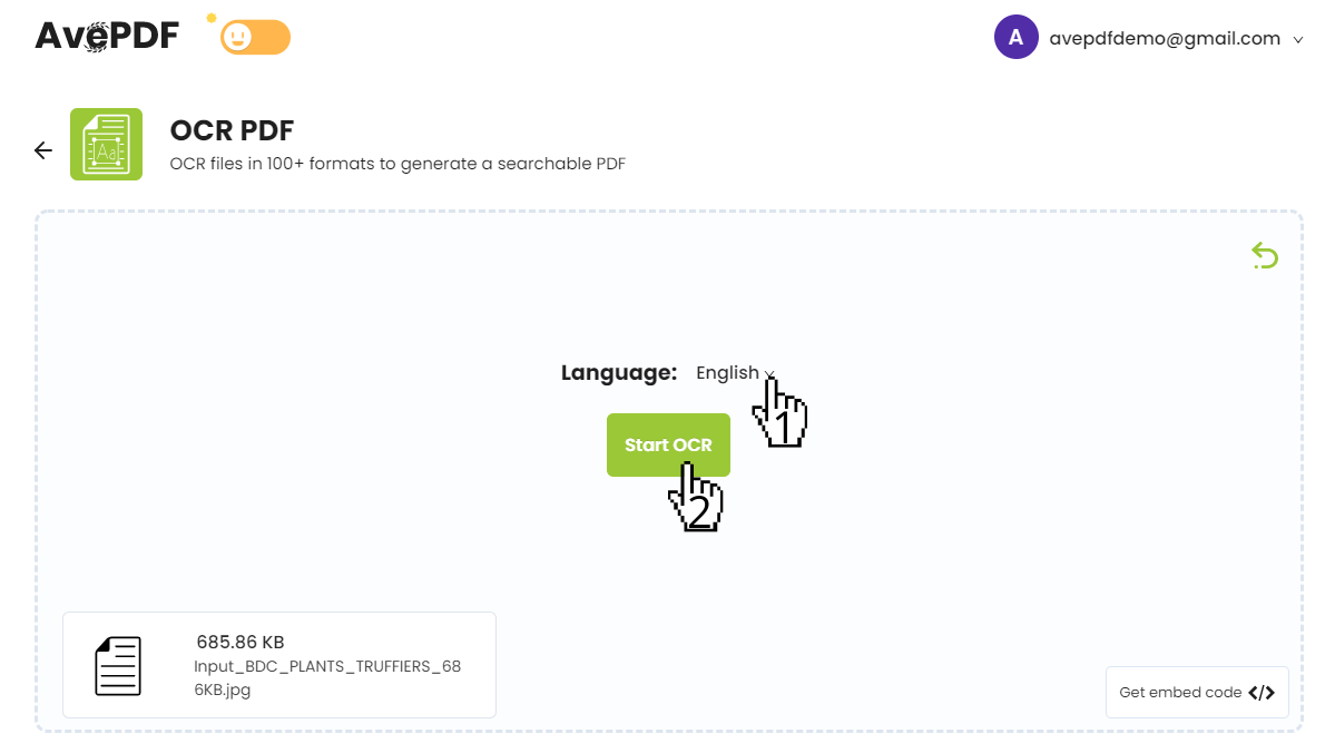 Запуск OCR в AvePDF после выбора языка документа