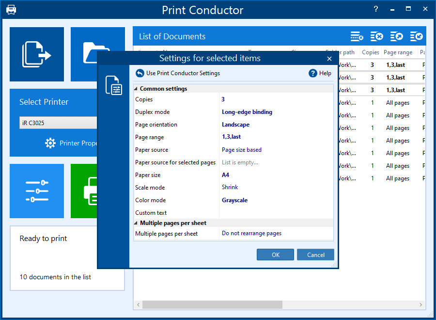 Настройки печати в Print Conductor
