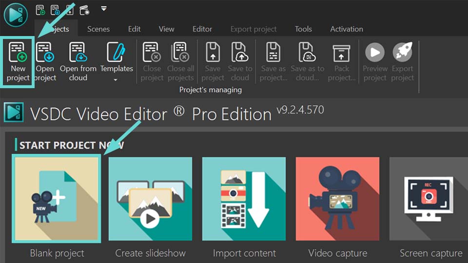 Стартовый экран VSDC и основные плитки проекта