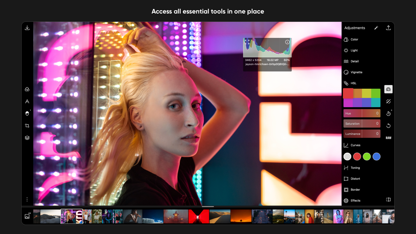 Интерфейс Polarr Pro Photo Editor с панелью настроек, гистограммой и рабочей областью