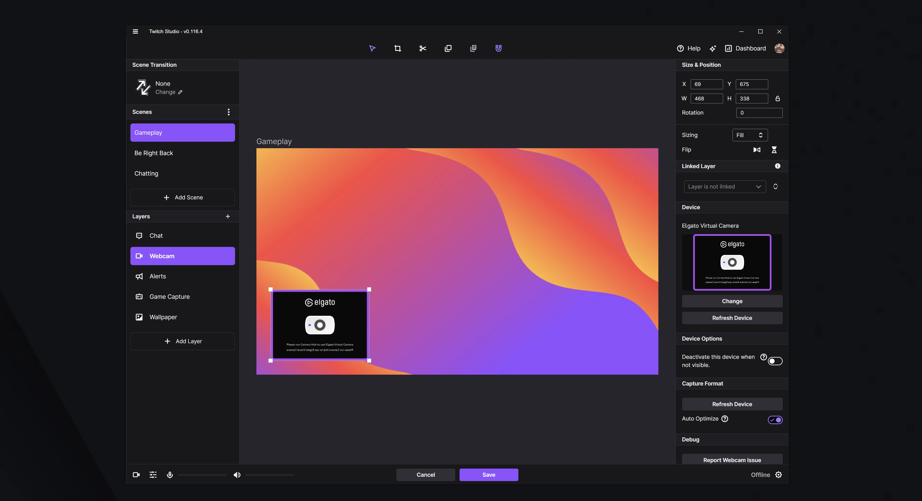 Редактор сцены Twitch Studio с панелями Scenes, Layers и настройками выбранного слоя