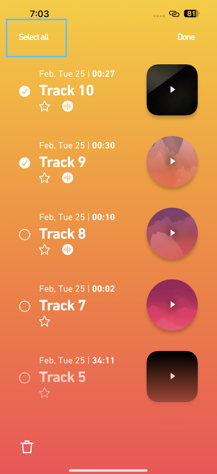 Массовое выделение треков в Dolby On