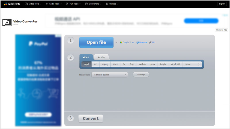 Интерфейс 123APPS Video Converter
