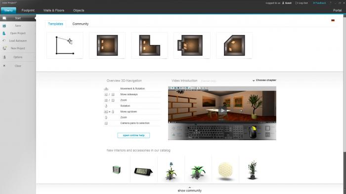 Стартовый экран Roomeon с шаблонами и переходом к проектам