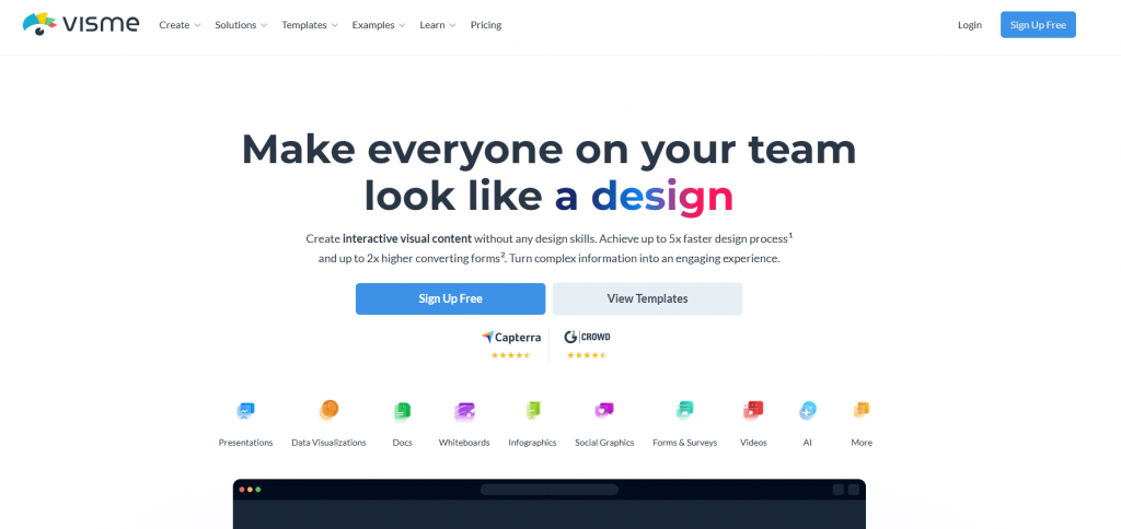Интерфейс Visme с редактором презентации и визуальными блоками