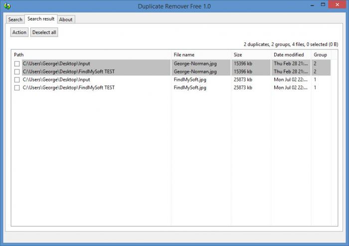 Вкладка Search result с найденными дубликатами