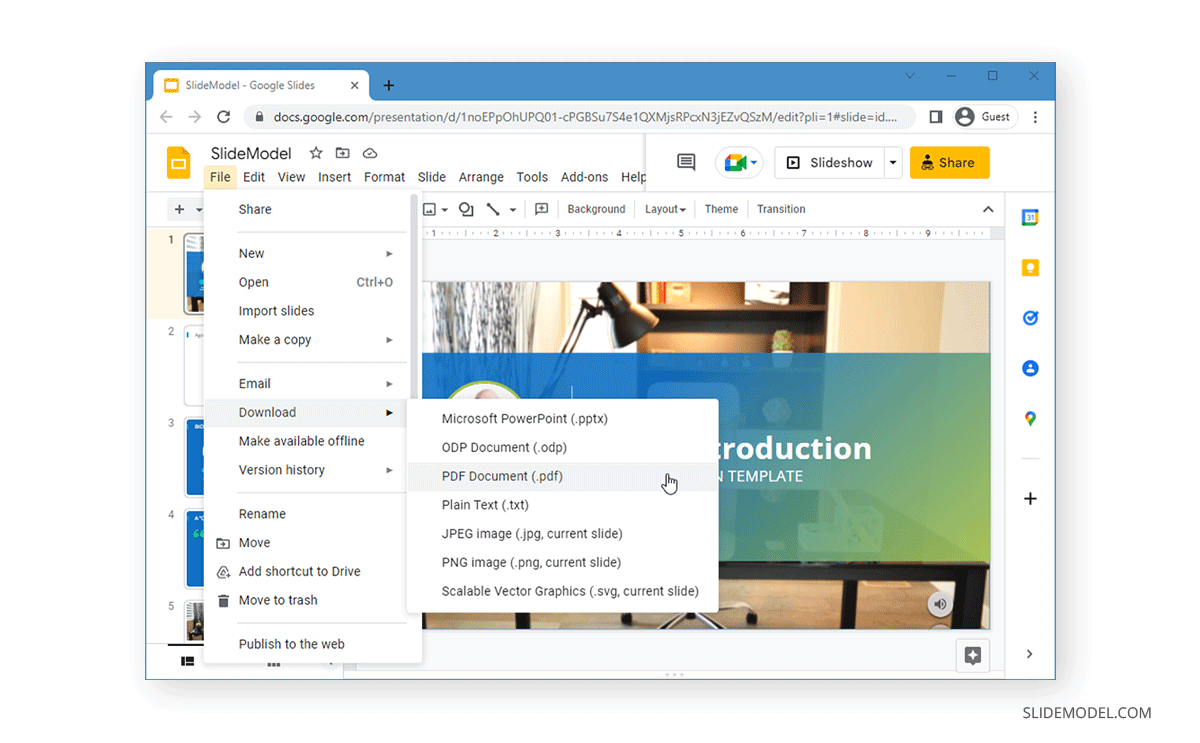 Скриншот скачивания презентации в PDF в Google Slides