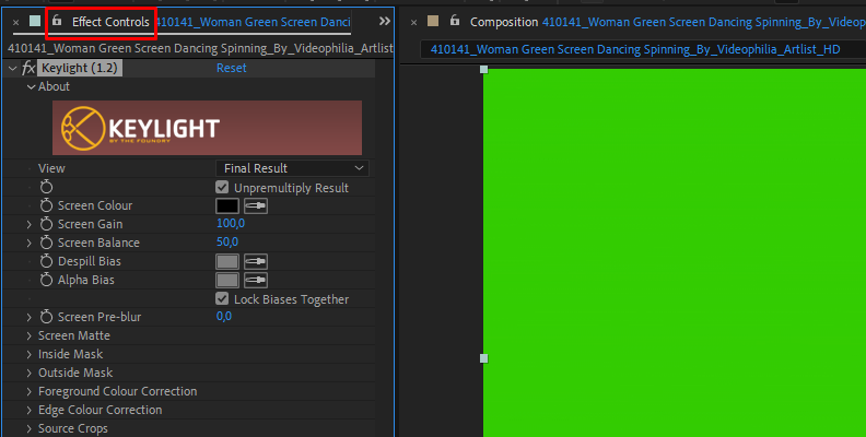 Интерфейс After Effects с Keylight: Screen Colour выбирает цвет фона для удаления
