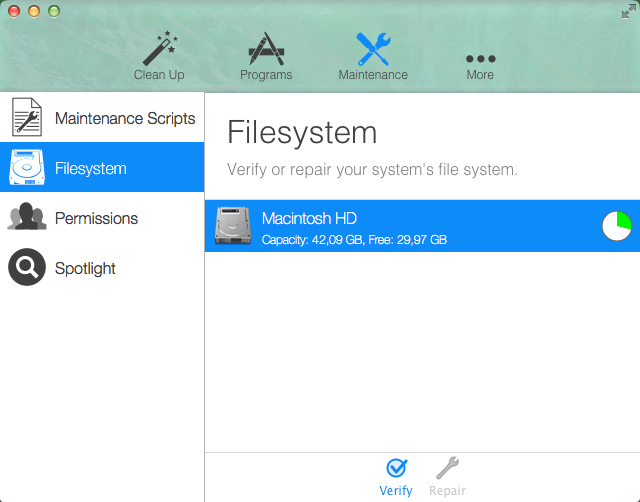 CleanApp: раздел Maintenance, пункт Filesystem и кнопки Verify и Repair