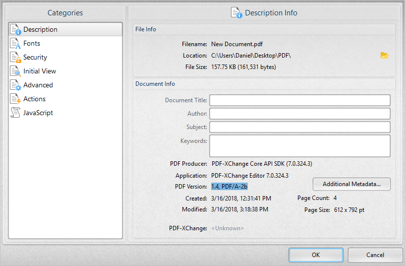 Окно Document Properties в PDF-XChange Editor