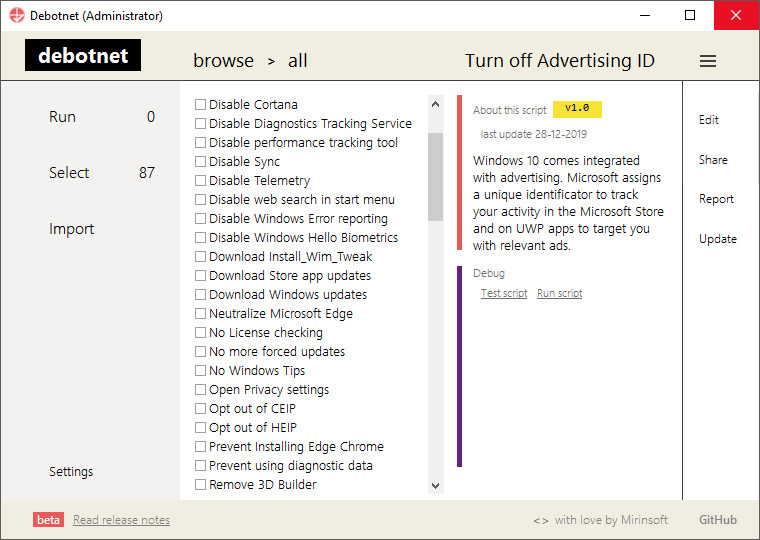 Интерфейс Debotnet с выбранным пунктом Turn off Advertising ID