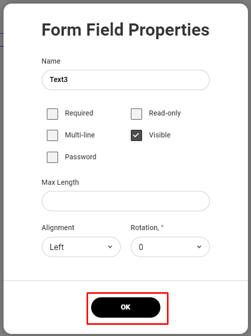 PDFescape Online: окно Form Field Properties