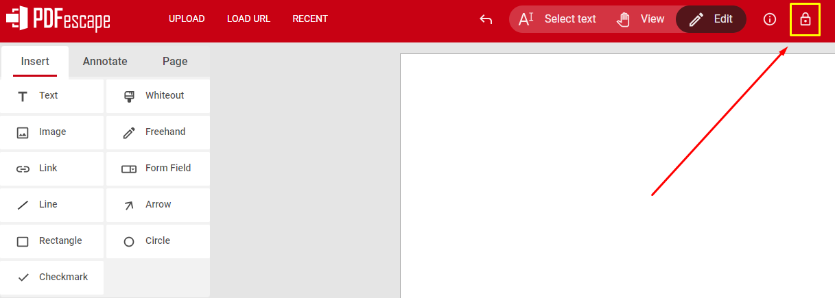 PDFescape Online: значок Lock в верхней панели