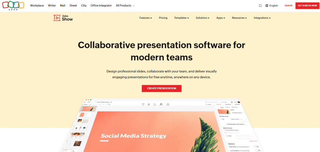 Интерфейс Zoho Show с редактором онлайн-презентации