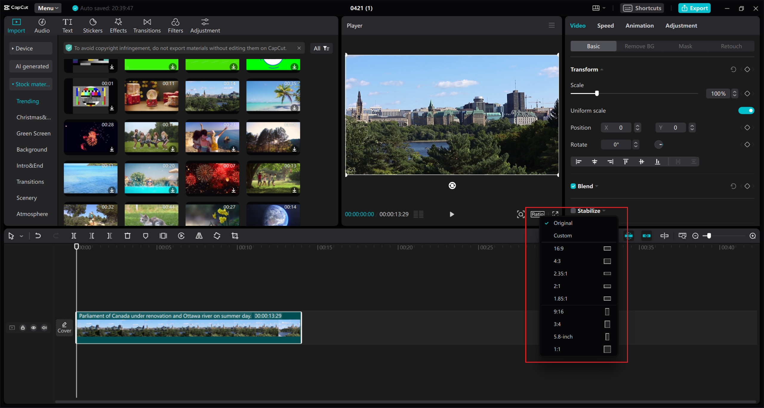 Изменение соотношения сторон в CapCut