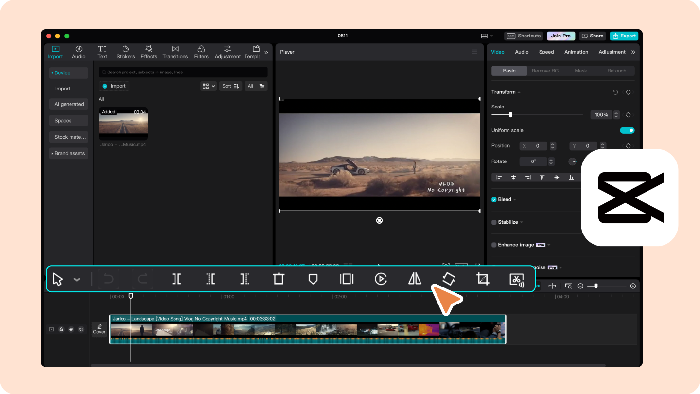 Интерфейс CapCut Desktop с таймлайном, панелью инструментов, окном предпросмотра и кнопкой Export
