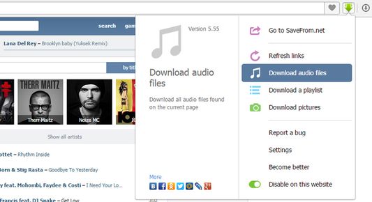SaveFrom.net Helper — меню расширения с командами Download audio files, Download a playlist и Download pictures