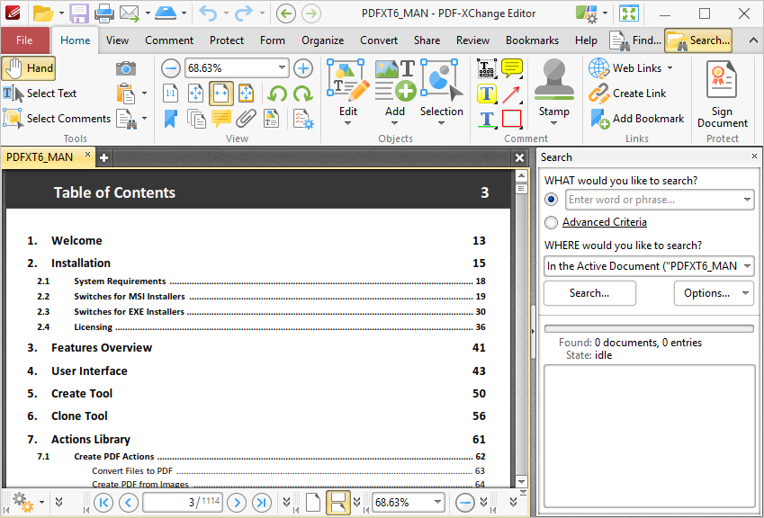 Панель Search в PDF-XChange Editor