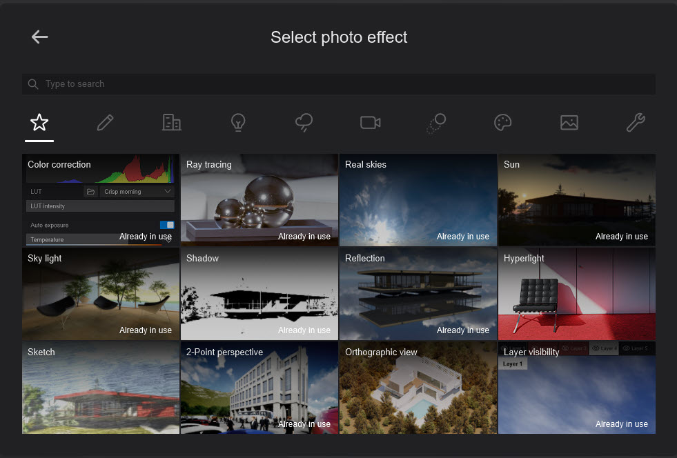 Экран выбора фотоэффектов в Lumion