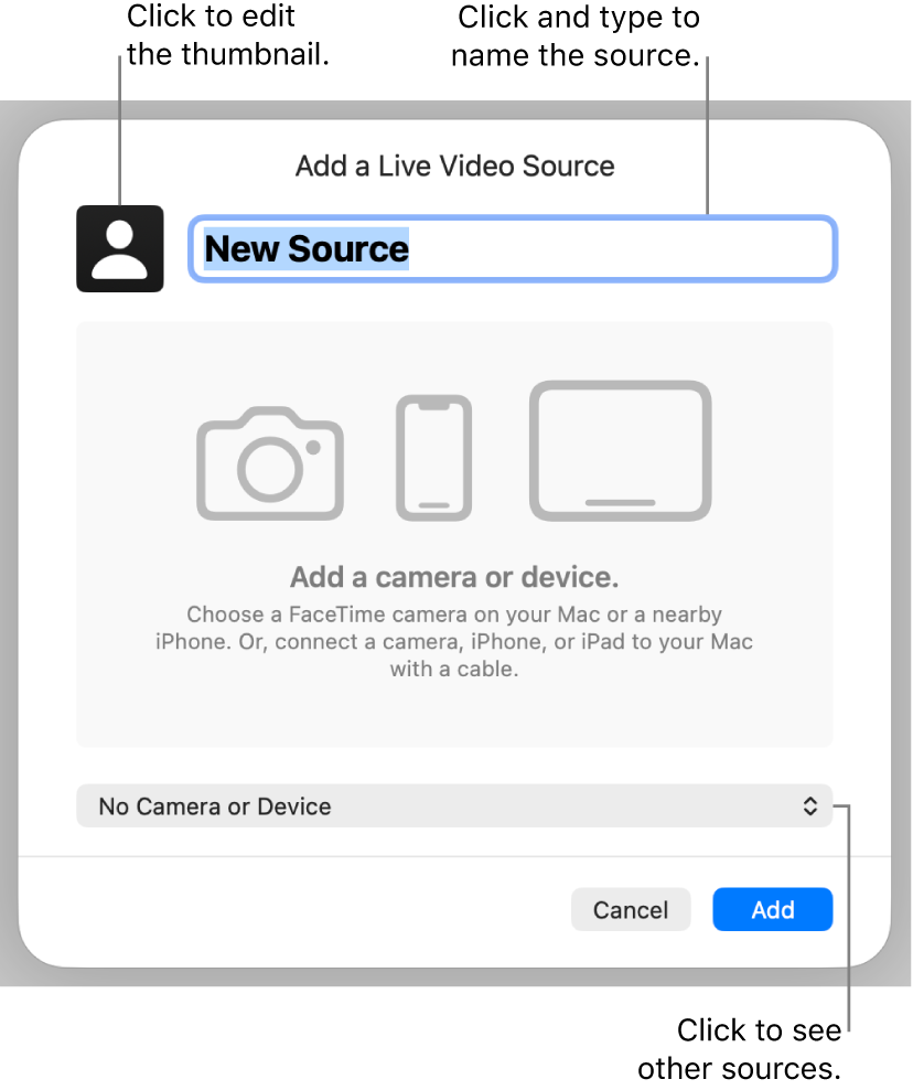 Окно добавления Live Video Source в Apple Keynote