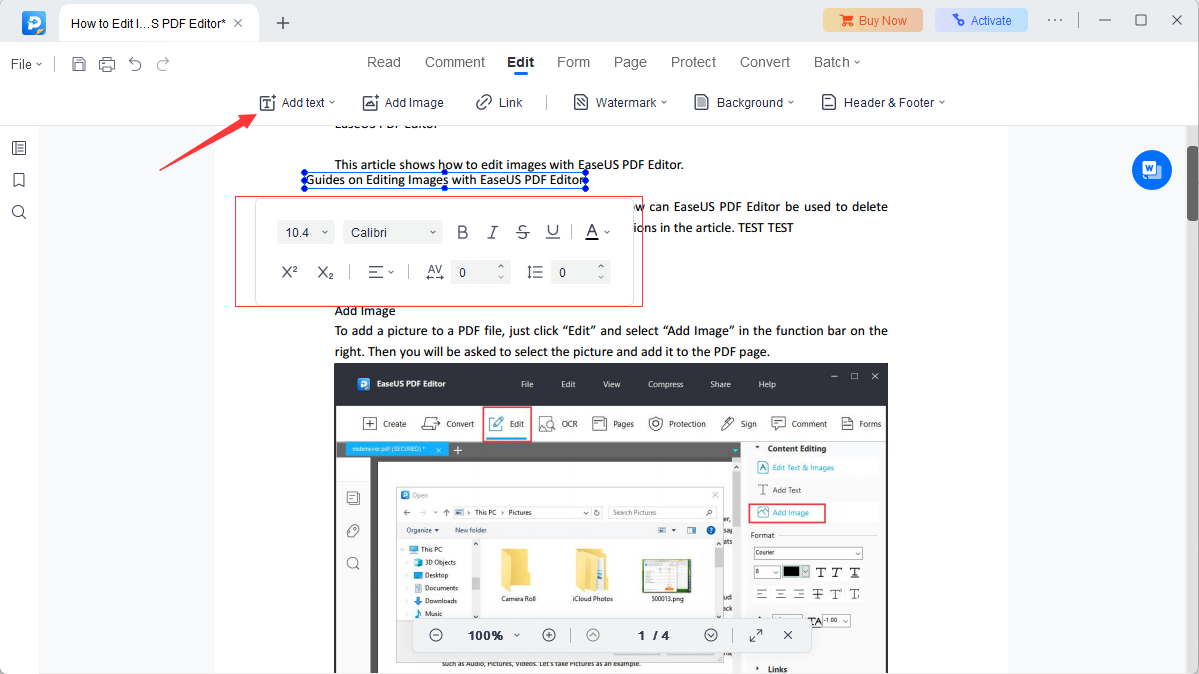 Редактирование текста в EaseUS PDF Editor