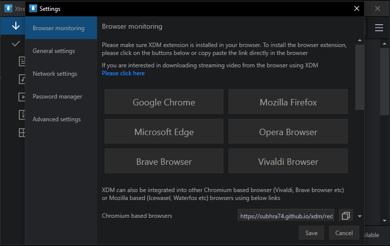 Окно Settings → Browser monitoring в Xtreme Download Manager