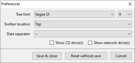 Окно Preferences в 1Tree Pro: Tree font, Toolbar location, Data separator, Show CD drive(s), Show network drive(s)