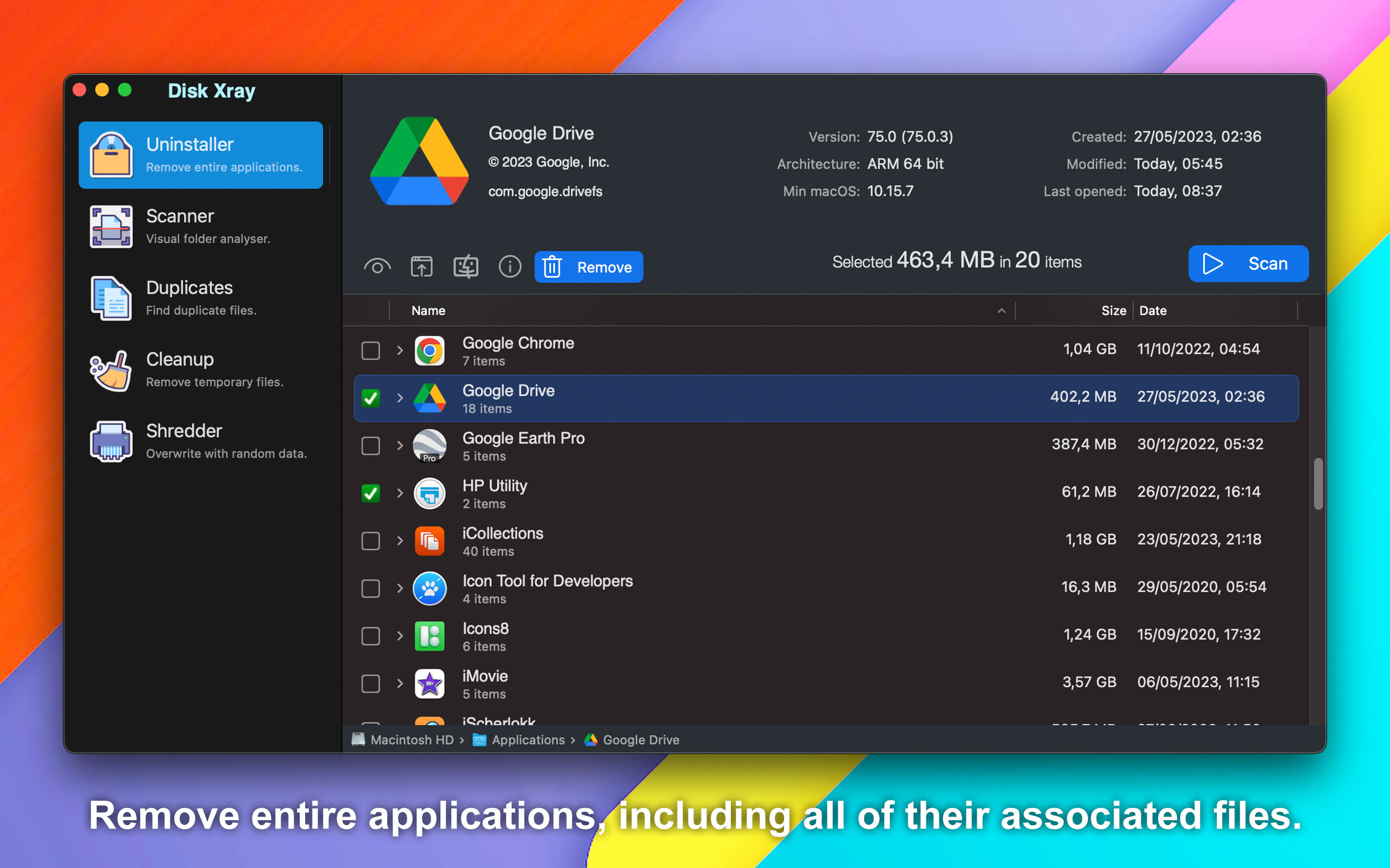 Интерфейс Disk Xray с боковой панелью модулей и модулем Uninstaller