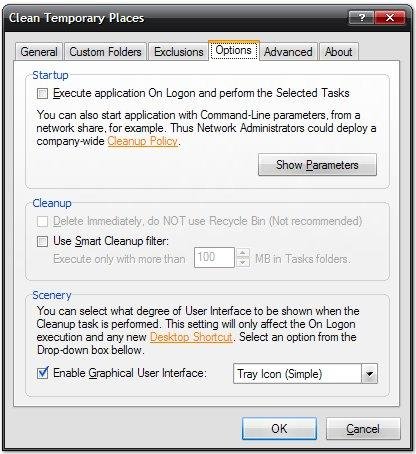 Вкладка Options в Clean Temporary Places с настройками On Logon и Smart Cleanup filter