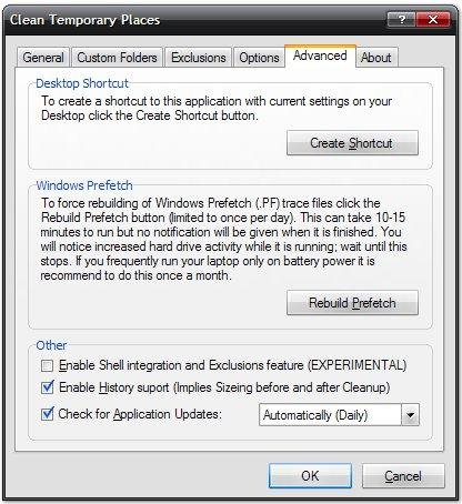 Вкладка Advanced в Clean Temporary Places с Create Shortcut, Rebuild Prefetch и дополнительными опциями