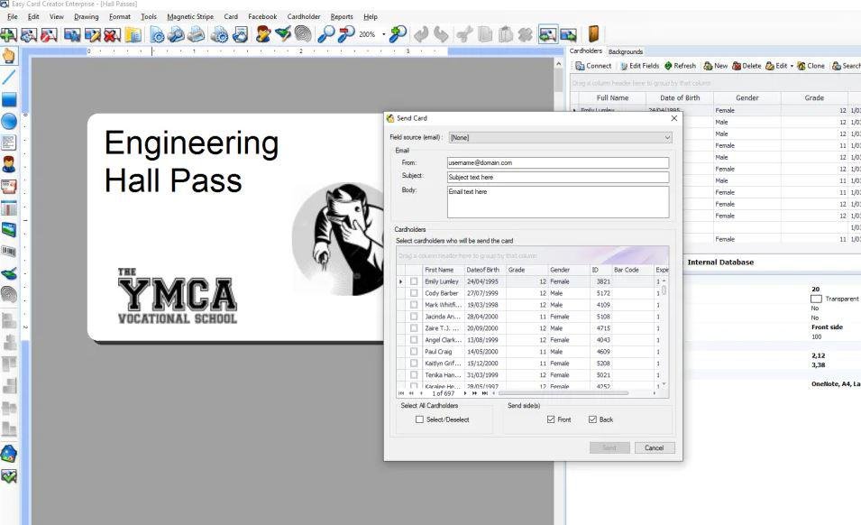 Окно Send Card в Easy Card Creator Enterprise с выбором держателей и сторон карты